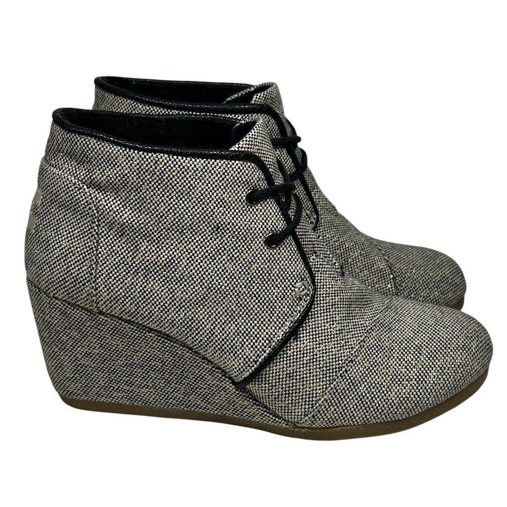 Toms Desert Wedge Black White Gold Metallic Woven Lace Up Ankle Boots Womens 7